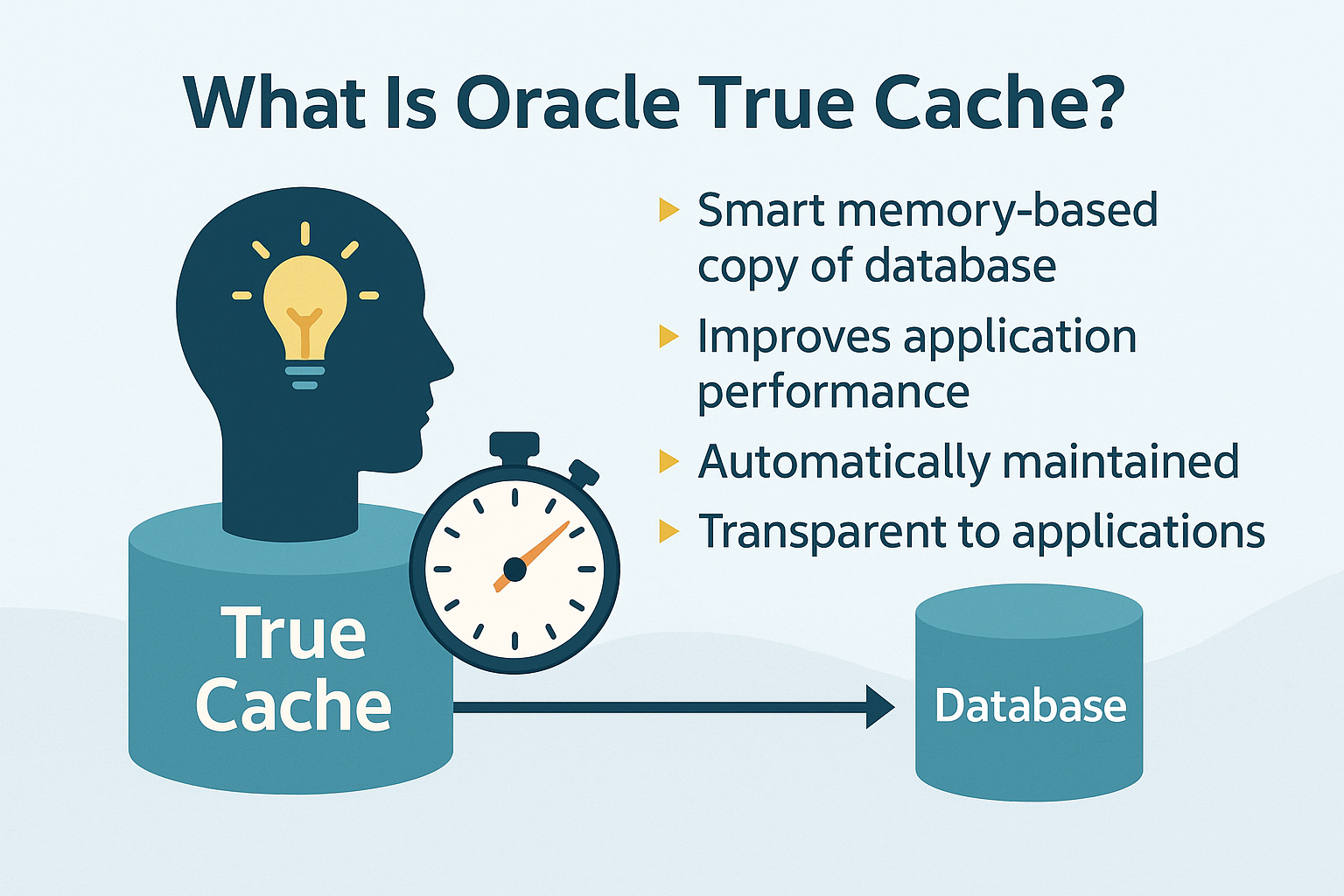 Illustration explaining Oracle True Cache with icons of a human head containing a light bulb, a stopwatch, and a database cylinder. The image lists key benefits: “Smart memory-based copy of database,” “Improves application performance,” “Automatically maintained,” and “Transparent to applications.” An arrow connects “True Cache” to “Database,” representing data flow.