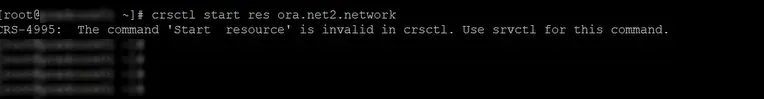 Terminal screenshot showing user 'test' attempting to start an Oracle Grid Infrastructure network resource with crsctl and srvctl commands, resulting in errors and invalid command messages