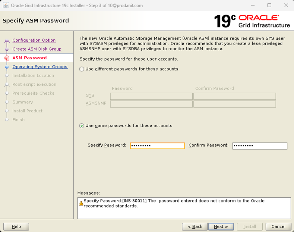 Oracle ASM password configuration step.