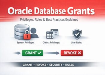 Oracle Database Grants infographic showing system privileges, object privileges, user roles, and GRANT vs REVOKE concepts for Oracle database security.