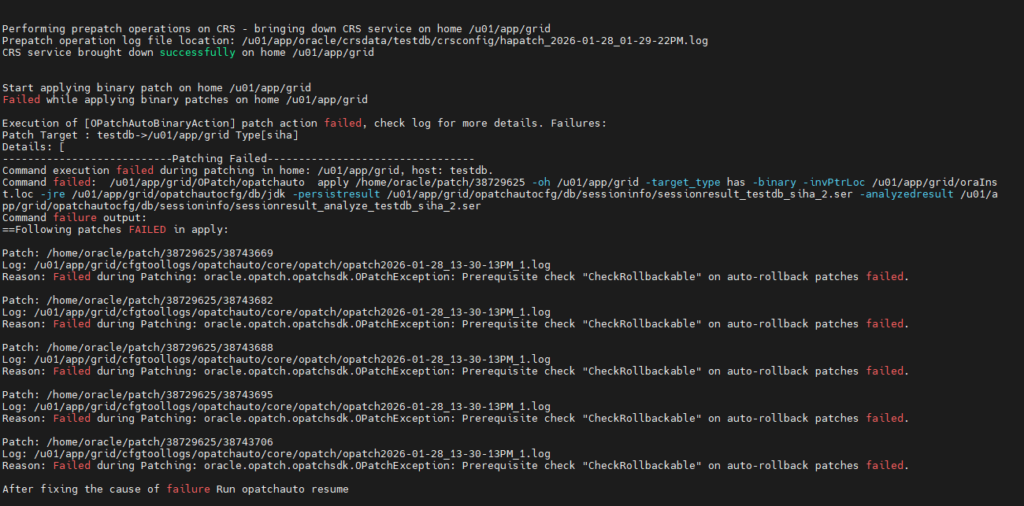 How to Fix OPatchAuto CheckRollbackable Failure in Oracle Grid Infrastructure 26AI